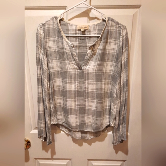 Cloth & Stone For Anthropology Gray Plaid Flannel Long Sleeve Blouse size XS - Picture 5 of 11